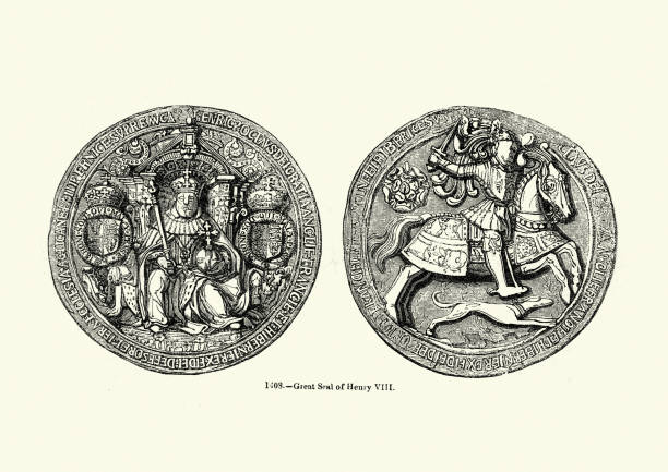 ilustrações de stock, clip art, desenhos animados e ícones de great seal of king henry viii, throne, knight, dog - henry viii tudor style king nobility
