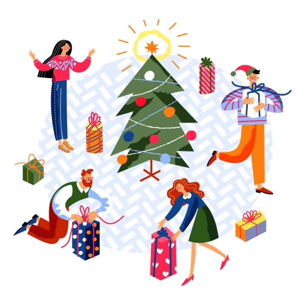 ilustrações de stock, clip art, desenhos animados e ícones de people celebrating christmas at party. happy holiday celebration vector illustration. festive party at home, men and women giving and receiving presents. xmas night in winter - dinner friends christmas