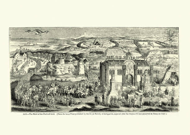 ilustrações de stock, clip art, desenhos animados e ícones de henry viii arriving at field of the cloth of gold - henry viii tudor style king nobility