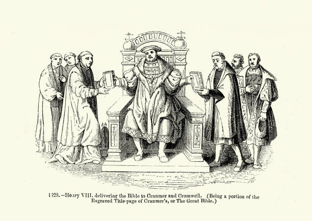 illustrazioni stock, clip art, cartoni animati e icone di tendenza di enrico viii consegna la bibbia a cranmer e cromwell - henry viii tudor style king nobility