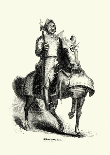 ilustrações de stock, clip art, desenhos animados e ícones de henry viii in armour, riding armoured horse, medieval knight - henry viii tudor style king nobility