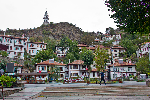 Bolu, Turkey - October 8, 2020: People walking on the street in Göynük Bolu, Turkey in autumn. Göynük is an old ottoman town, there are traditional Ottoman houses in Goynuk, Bolu. Bolu is located north west Turkey black sea region.