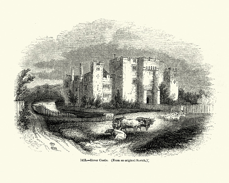 Vintage illustration of Hever Castle located in the village of Hever, Kent. It began as a country house, built in the 13th century. From 1462 to 1539, it was the seat of the Boleyn (originally 'Bullen') family