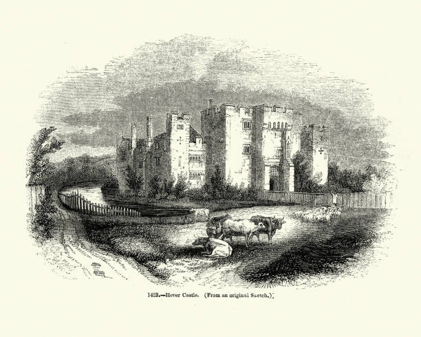 Hever Castle, Medieval architecture Vintage illustration of Hever Castle located in the village of Hever, Kent. It began as a country house, built in the 13th century. From 1462 to 1539, it was the seat of the Boleyn (originally 'Bullen') family Hever Castle stock illustrations