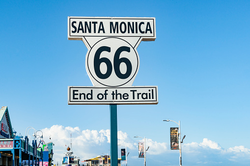 Los Angeles USA - October 6 2015; Route 66 Santa Monica  End of Trail sign on Santa Monica Pier