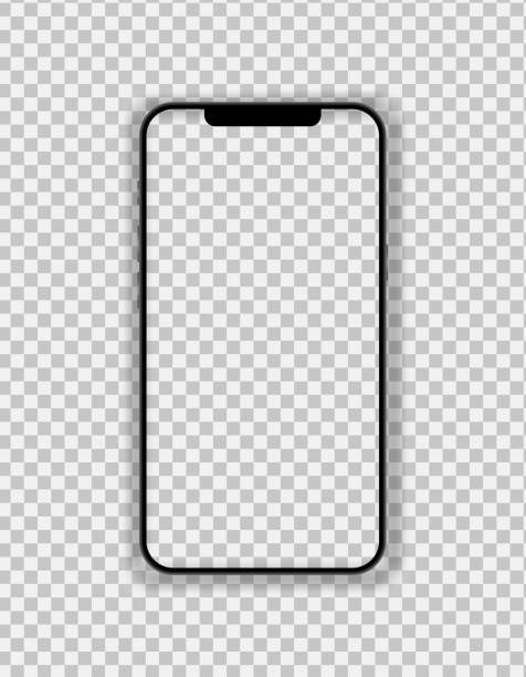 Phone with thin black frame. Vector illustration Phone with thin black frame and blank screen on transparent backgtound. Front view. Vector isolated illustration for presentation, ui ux design. number 12 stock illustrations