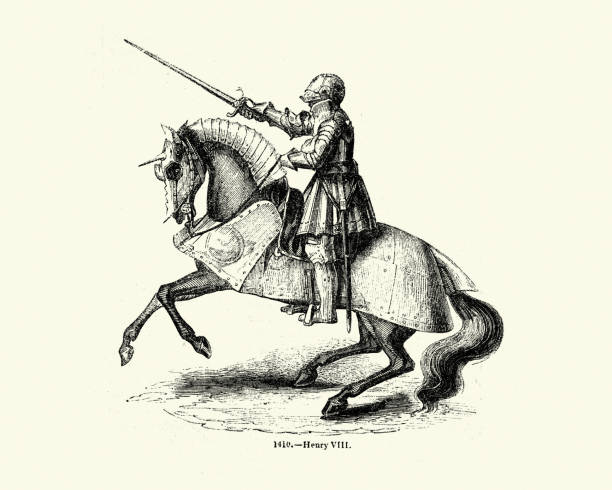 ilustrações de stock, clip art, desenhos animados e ícones de medieval knight in armour on horseback, henry viii of england - henry viii tudor style king nobility