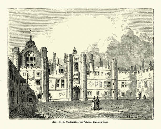 Middle Quadrangle of the Palace of Hampton Court, Tudor architecture Vintage illustration of Middle Quadrangle of the Palace of Hampton Court hampton court palace stock illustrations