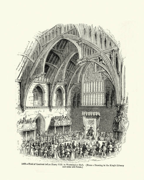ilustrações de stock, clip art, desenhos animados e ícones de trial of john lambert before henry viii in westminster hall - henry viii tudor style king nobility
