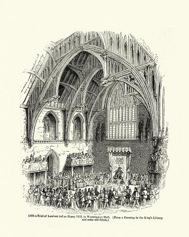 Vintage illustration of The trial of John Lambert an English Protestant martyr before King Henry VIII in Westminster Hall.