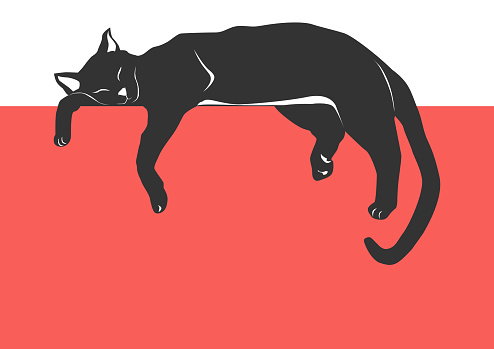 Cat napping. Black and white silhouette of a cat lying on a flat surface. Flat vector.