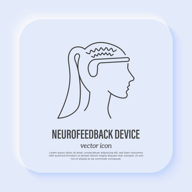 illustrazioni stock, clip art, cartoni animati e icone di tendenza di dispositivo di neurofeedback sulla testa della donna. sensore per misurare l'attività cerebrale durante la meditazione. icona linea sottile. illustrazione vettoriale. - biofeedback