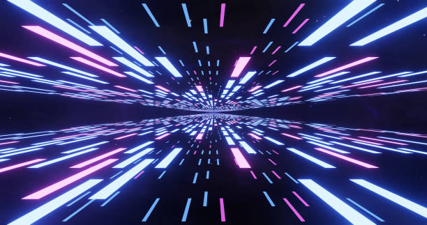 istock Abstract glow neon lines and stripes in space. Retro futuristic background. Abstract background with flying neon glowing stripes 1282546461