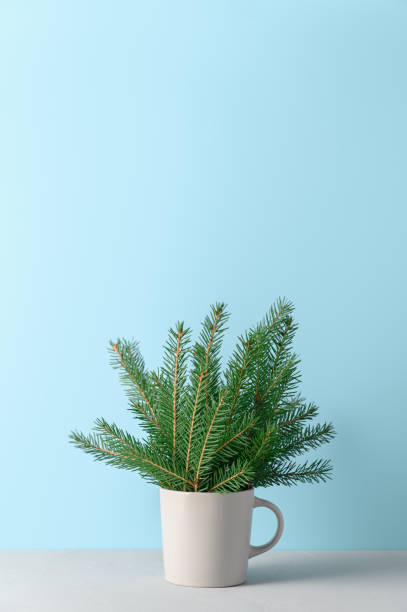istock Alternative Christmas tree in gray mug on pastel blue background. 1282547147