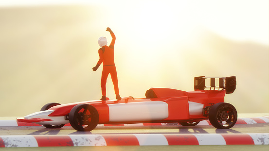 Racecar driver stands on top of his racecar after a race. He has won and raises his arms towards the sky.\n\nNote: Digitally generated image. The man is a 3D-model. The car is also made in 3D by me.