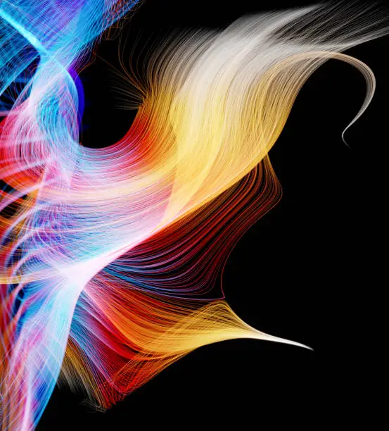 Photo of 3d render of abstract art 3d background with surreal wavy curve organic neon glowing light lines in blue and orange gradient color on black