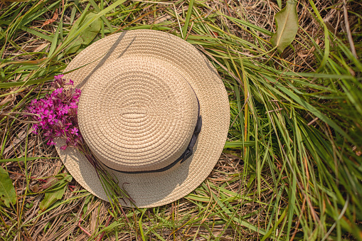 Straw Hat with a small bouquet of purple wildflowers on the green grass sunny day.Copy space