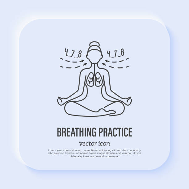 Breathing practice: young girl in lotus pose in thin line style. Exhale and inhale. Meditation symbol, inner balance, yoga school. Vector illustration. vector art illustration