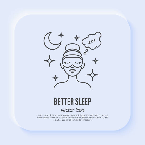 Better sleep: young woman sleeping in eye mask. Thin line icon. Relaxation, control sleep, medical recommendation for wellness. Vector illustration. vector art illustration