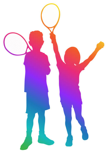 키즈테니스실루엣 - tennis child white background sport stock illustrations