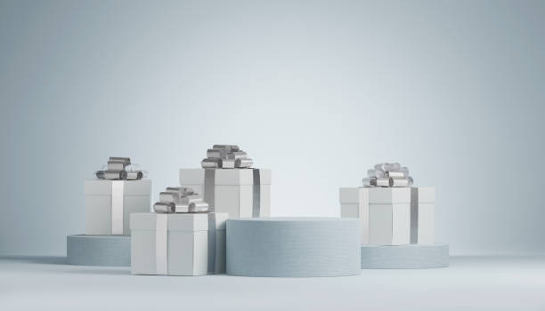 istock 3D Christmas background with gift boxes with silver ribbon. White Present with Podium display for branding and product presentation. Minimal pastel blue pedestal showcase. Abstract, winter 3D render. 1282550600