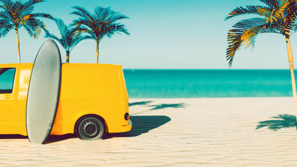 istock Surfboard and car parked on the a tropical beach 1282552365
