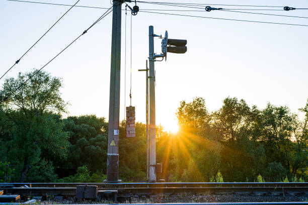 Railway traffic lights on a concrete pillar on a background of green trees and sunset
