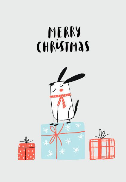 istock Merry Christmas - New Year Poster with white dog and gift boxes 1282559108