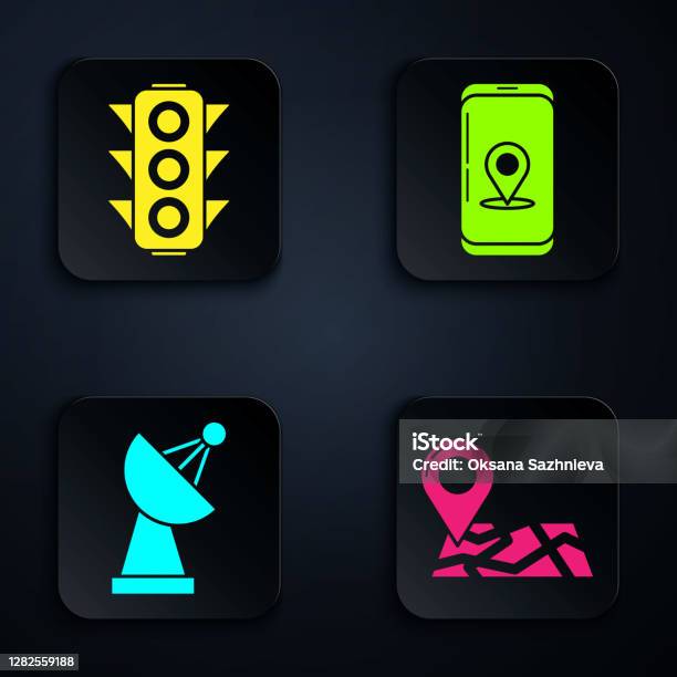 Set Folded Map With Location Marker Traffic Light Radar And Infographic ...