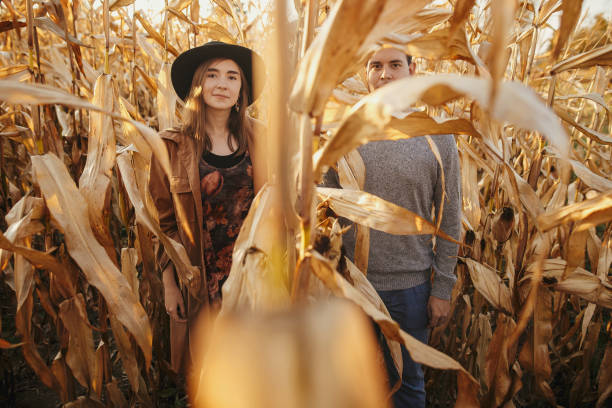istock Stylish couple posing in autumn corn field in warm sunset light. 1282560514