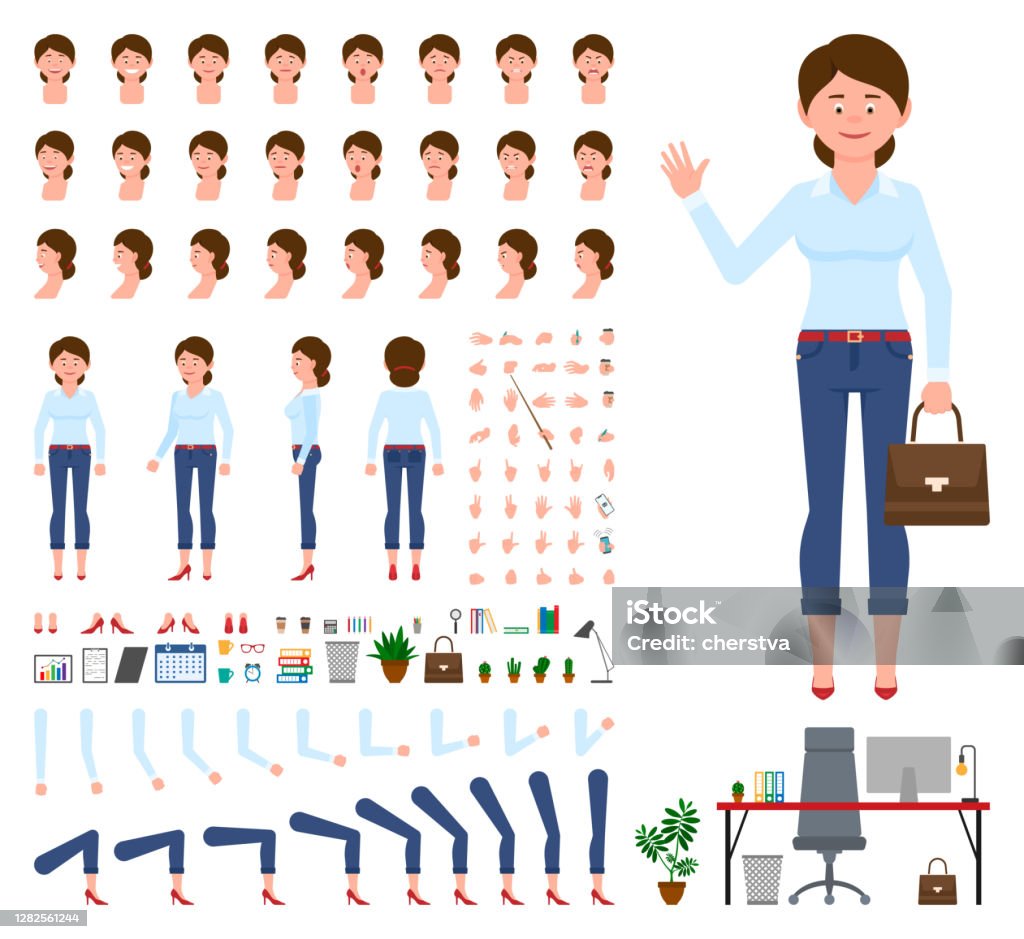 Young Office Cartoon Character Woman Front Side Back View Flat Style Design  Vector Creation Set Female Person Wearing Jeans Body Parts Face Emotions  Haircut Gestures Infographic Illustration Kit Stock Illustration - Download