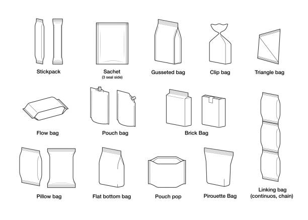 유연한 포장 유형 의 집합. 인포 그래픽. - food processing plant illustrations stock illustrations