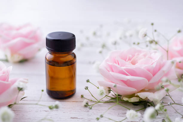 istock Essential oil and pink rose. Aromatherapy image. 1282571962