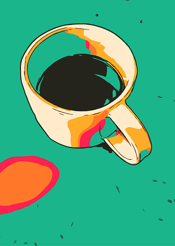 Vector illustration of a coffee cup with vibrant colors and a cartoon style.