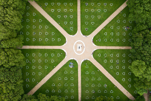 Aerial view of social distancing markers in park in Bristol, England