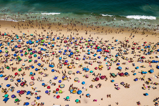 Aerial view of crowded beach in Rio de Janeiro, Brazil
