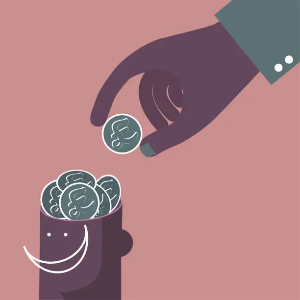 Vector illustration of Take a coin in your hand and put it in your brain.