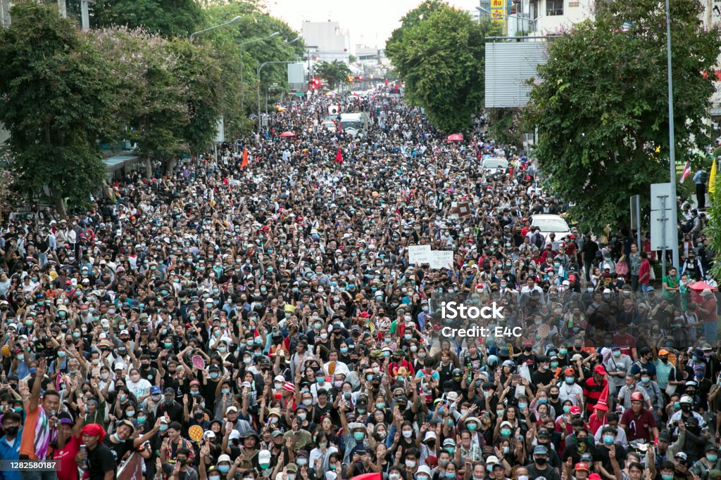 Crowds of protesters march in Bangkok, Thailand Protest Stock Photo