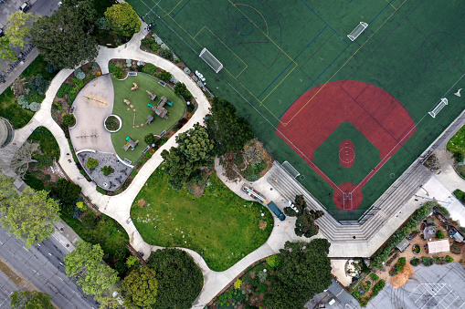 Aerial view of empty playground and baseball field