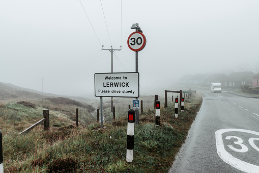 Traffic sign with the name of Lerwick. Lerwick is the main town and port of the Shetland Islands, Scotland.