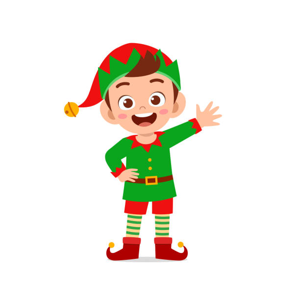 녹색 엘프 크리스마스 의상을 입고 행복한 귀여운 어린 소년과 소녀 - 요정 stock illustrations