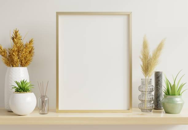 istock Home interior poster mock up with vertical gold frame 1282588447