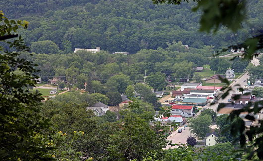 Panorama taken from high above Gays Mills Wisconsin. Town in a valley of the Kickapoo river. The Kickapoo River is a tributary of the Wisconsin River in the state of Wisconsin.