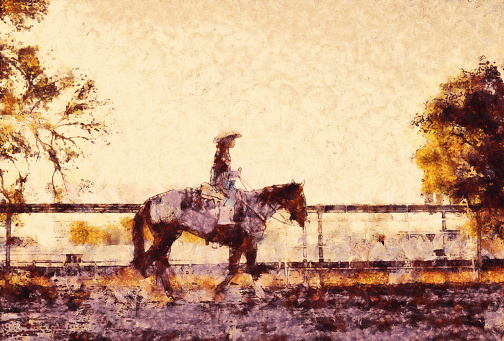 Little cowgirl with her horse digital illustration