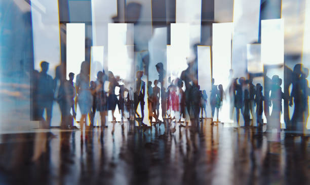 abstrakte menschen silhouetten gegen glas - bewegung stock-fotos und bilder