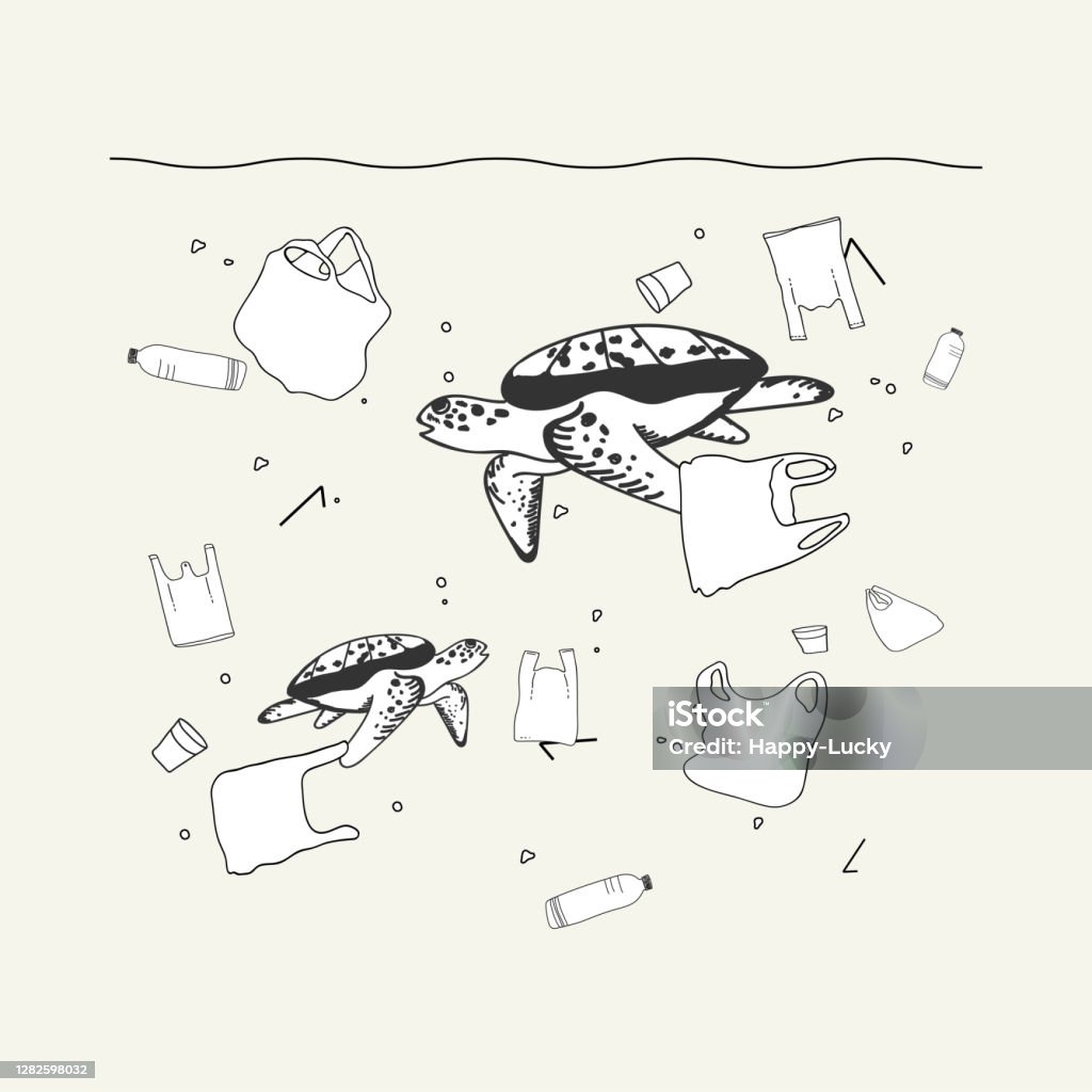 Problems Of Plastic Pollution In The Ocean Turtles Are Surrounded By Plastic  Waste Under Seawater Cartoon Flat Design Drawing Doodle Style Environmental  Trash Problems Affect Animals Vector Stock Illustration - Download Image