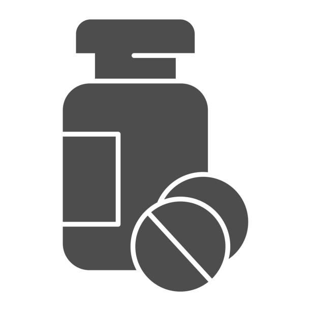 medikament glas und tabletten solide symbol, medizinisches konzept, medikamente zeichen auf weißem hintergrund, medizin flasche und pillen-symbol im glyphen-stil für mobiles konzept und web-design. vektorgrafiken. - vial capsule pill nobody stock-grafiken, -clipart, -cartoons und -symbole