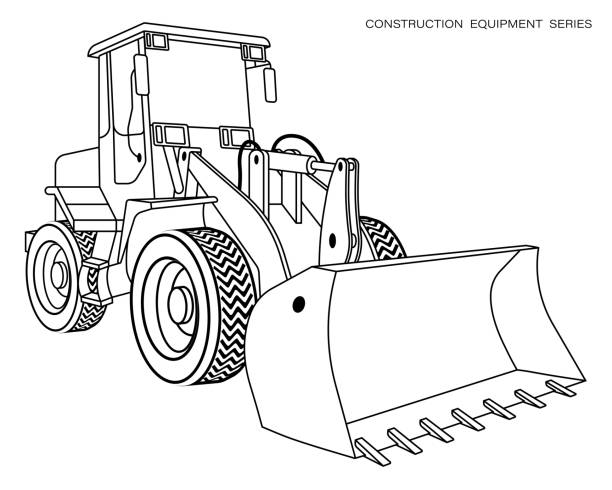 Children linear drawing for coloring book. Construction equipment loader, bulldozer in linear. Industrial machinery and equipment. Isolated vector on white Children linear drawing for coloring book. Construction equipment loader, bulldozer in linear. Industrial machinery and equipment. Isolated vector on white truck drawings stock illustrations