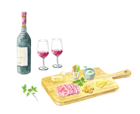 istock Watercolor illustration of wine and cheese platter. 1282599756