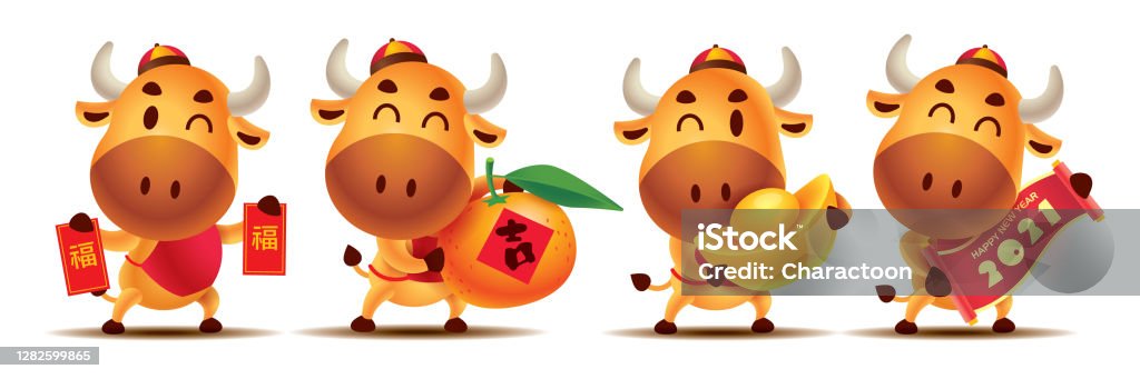 Happy Chinese New Year 2021 Cartoon Cute Ox Character Set Holding Red  Packet Tangerine Orange Gold Ingot And Scroll Couplet The Year Of The Ox  Translation Lucky Vector Stock Illustration - Download